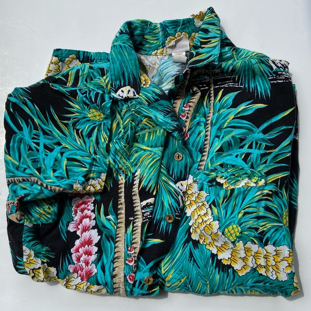 Barefoot in Paradise Hawaiian button down shirt vintage men size L 70s 80s